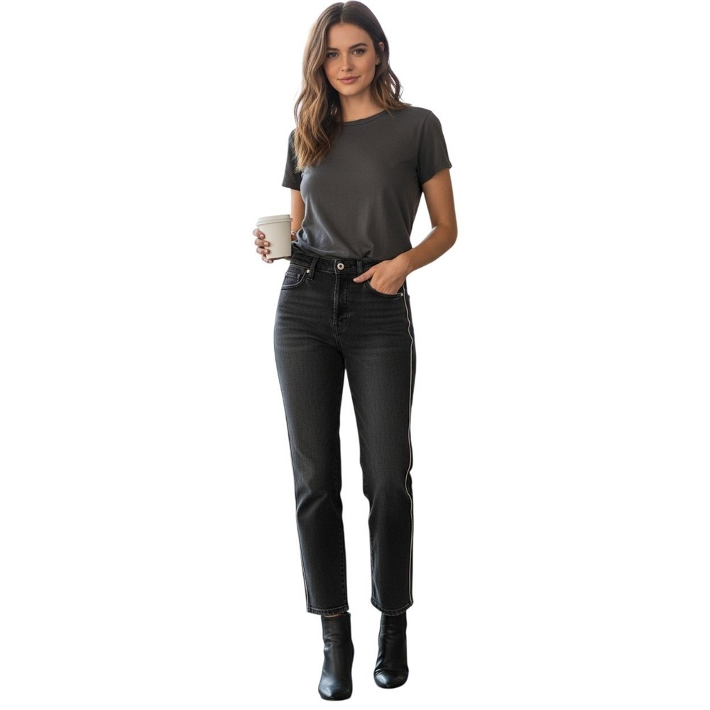 AMO Chloe High Rise Button Fly Crop‎ Jeans Piping Detail Black 25x27 NWOT $268